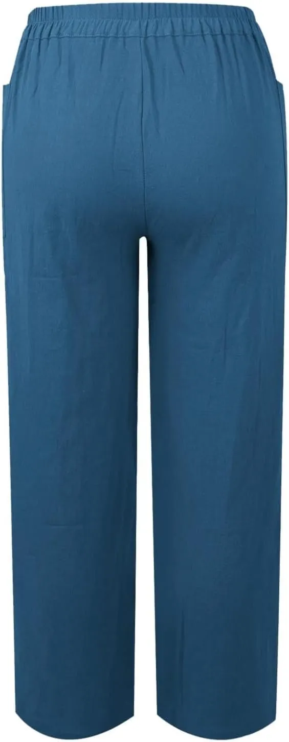 Womens Summer Linen Tapered Pants Belted Button Down Roll Up Capri Pants Hiking Workout Casual Loose Cropped Trousers