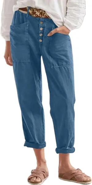 Womens Summer Linen Tapered Pants Belted Button Down Roll Up Capri Pants Hiking Workout Casual Loose Cropped Trousers