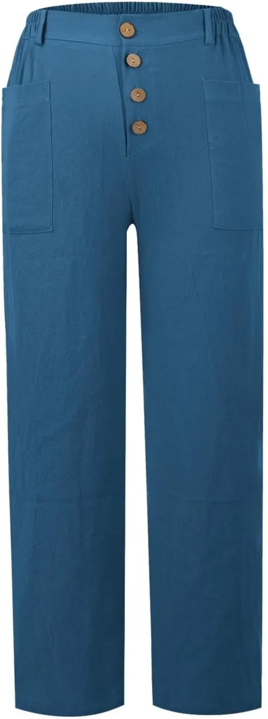 Womens Summer Linen Tapered Pants Belted Button Down Roll Up Capri Pants Hiking Workout Casual Loose Cropped Trousers