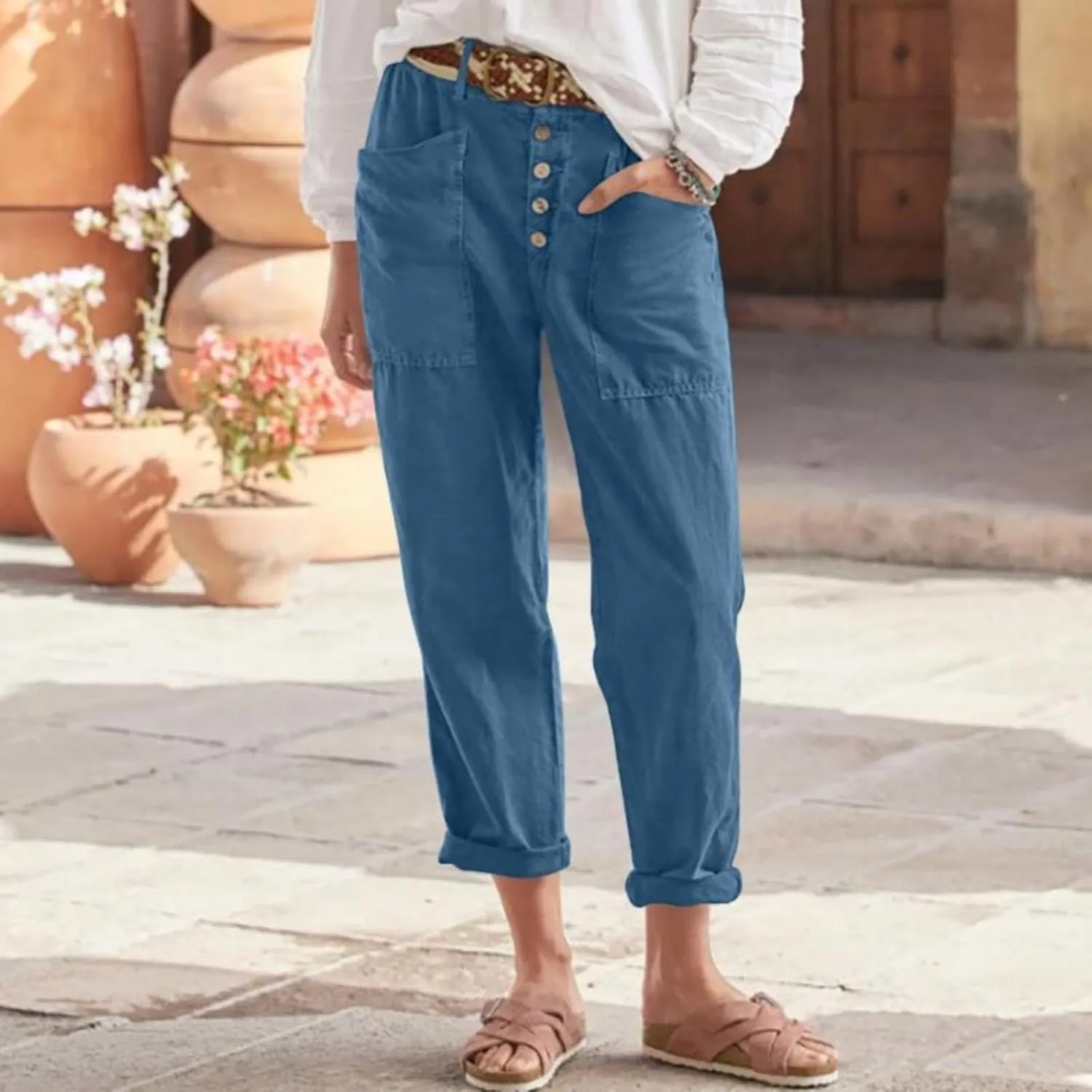 Womens Summer Linen Tapered Pants Belted Button Down Roll Up Capri Pants Hiking Workout Casual Loose Cropped Trousers
