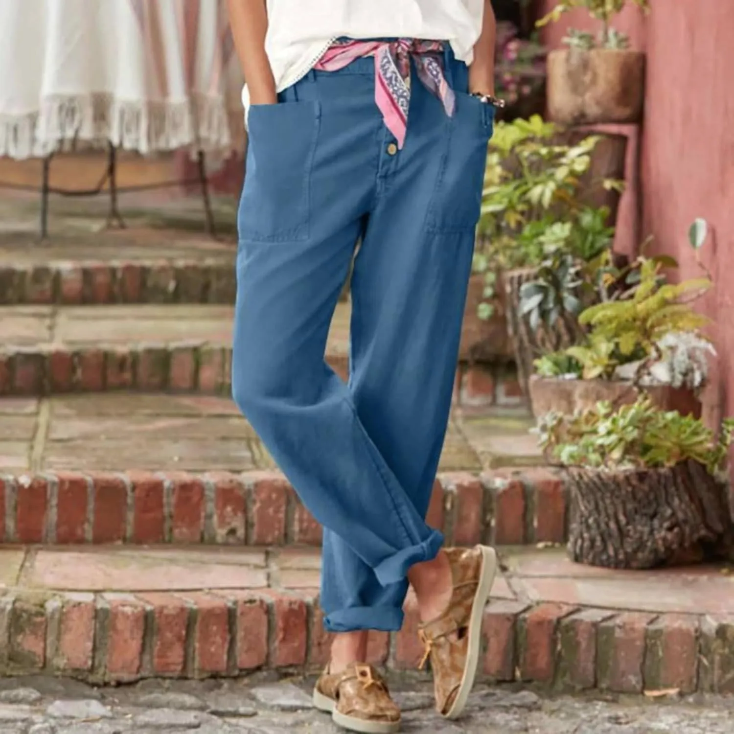Womens Summer Linen Tapered Pants Belted Button Down Roll Up Capri Pants Hiking Workout Casual Loose Cropped Trousers