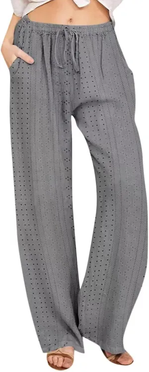 Women's Summer Pant 2024 Fashion Drawstring Hollow Hole Casual Loose Pant Solid Wide Leg Flowy Long Lounge Trousers
