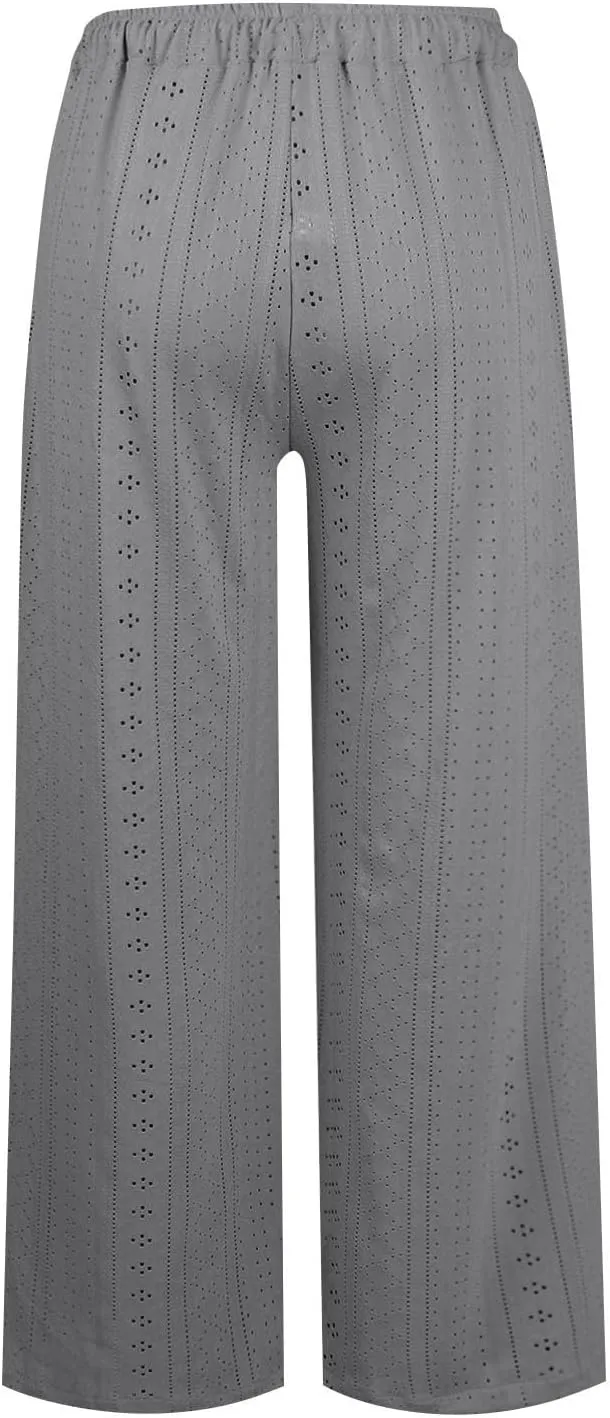 Women's Summer Pant 2024 Fashion Drawstring Hollow Hole Casual Loose Pant Solid Wide Leg Flowy Long Lounge Trousers