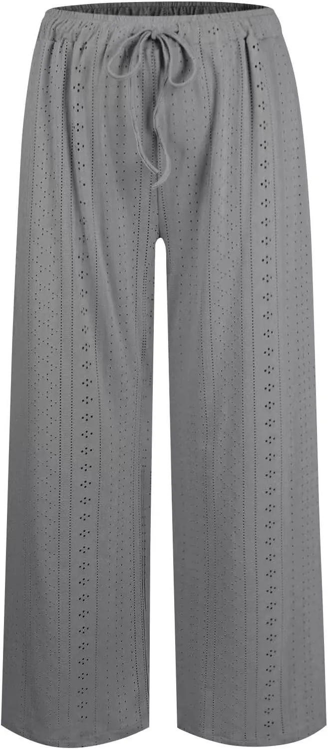 Women's Summer Pant 2024 Fashion Drawstring Hollow Hole Casual Loose Pant Solid Wide Leg Flowy Long Lounge Trousers