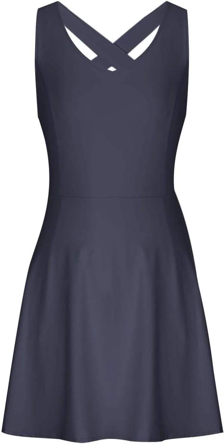 Womens Tennis Dress with Built in Shorts Backless V Neck Stretch Mini Skirt Sleeveless Golf Pocket Athletic Dresses