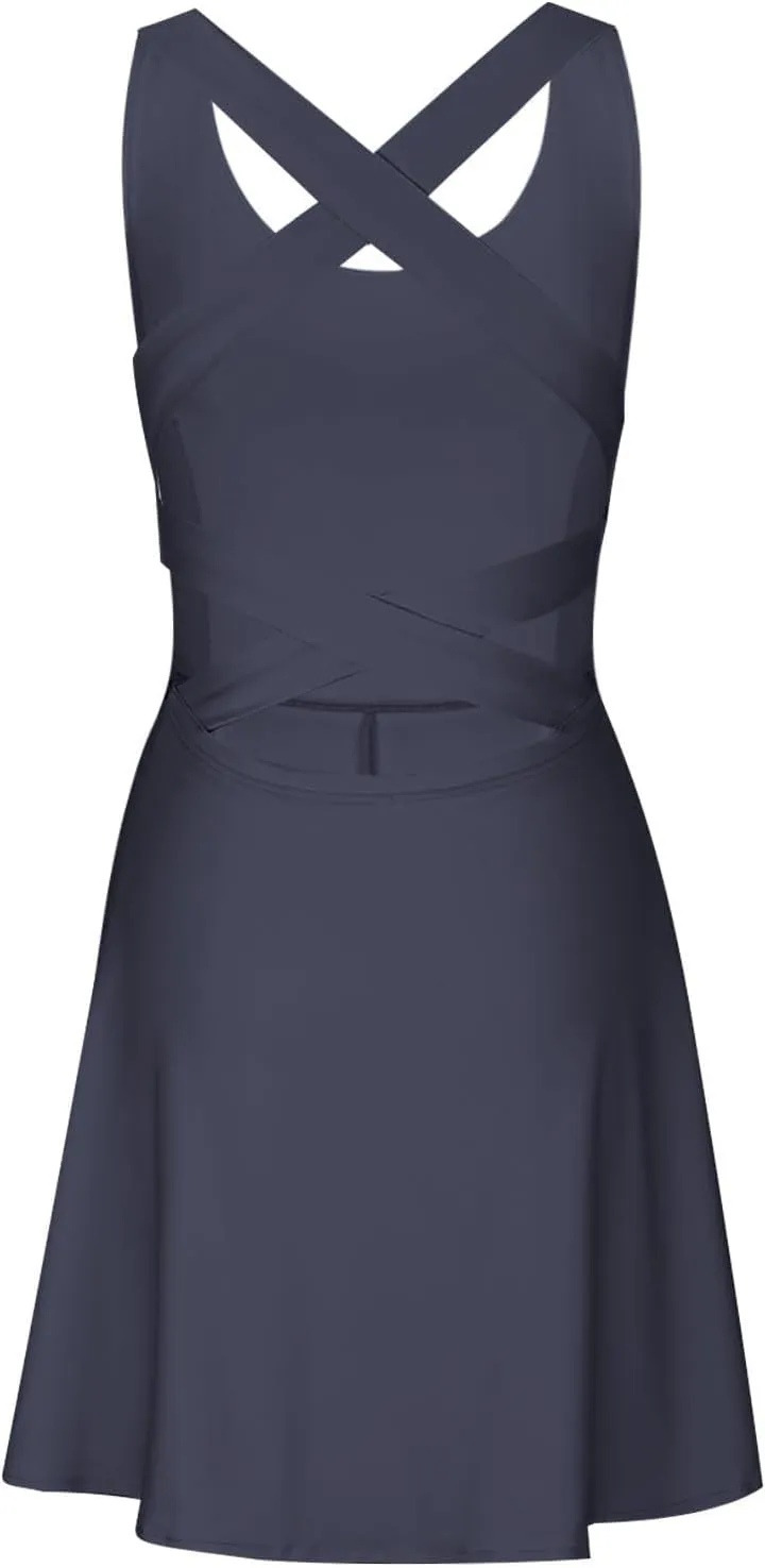 Womens Tennis Dress with Built in Shorts Backless V Neck Stretch Mini Skirt Sleeveless Golf Pocket Athletic Dresses