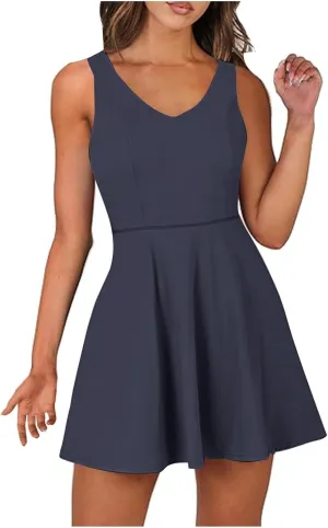Womens Tennis Dress with Built in Shorts Backless V Neck Stretch Mini Skirt Sleeveless Golf Pocket Athletic Dresses
