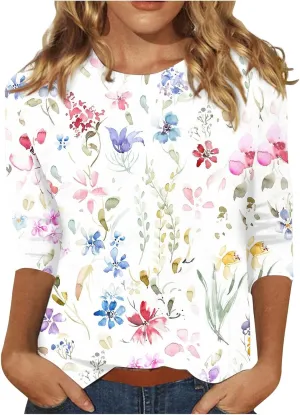 Womens Tops 3/4 Sleeve Shirts Trendy Floral Blouses Casual Loose Fit Summer Tee Crewneck Tunic Tops 2024 S-5XL