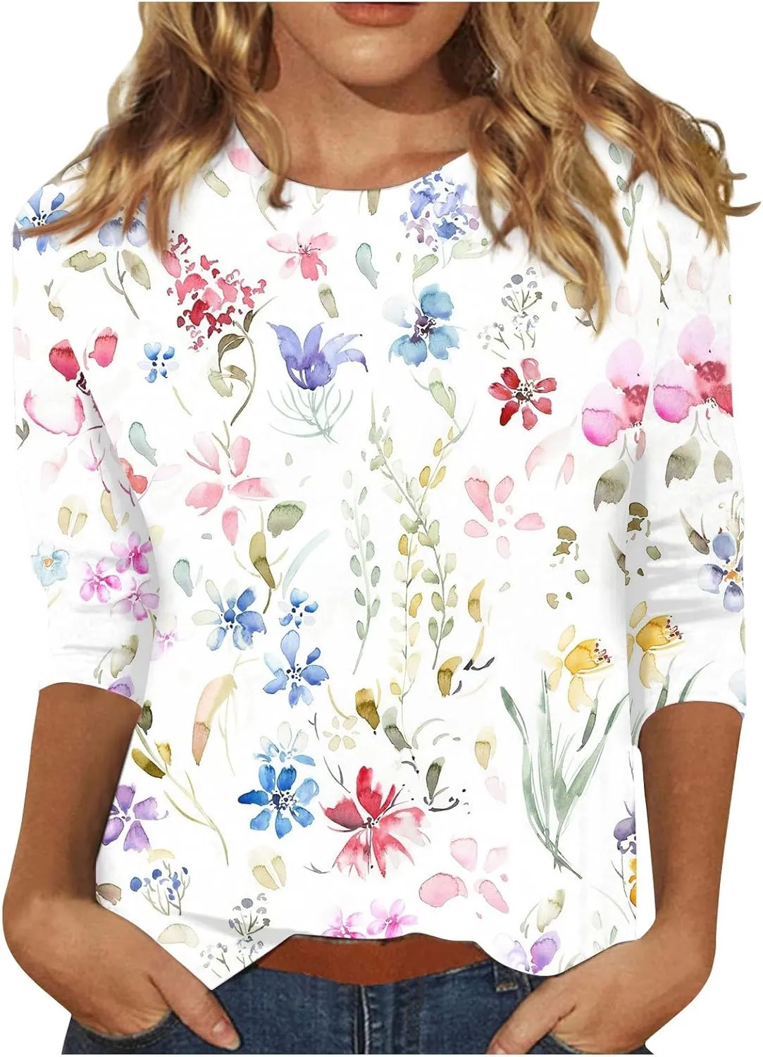 Womens Tops 3/4 Sleeve Shirts Trendy Floral Blouses Casual Loose Fit Summer Tee Crewneck Tunic Tops 2024 S-5XL