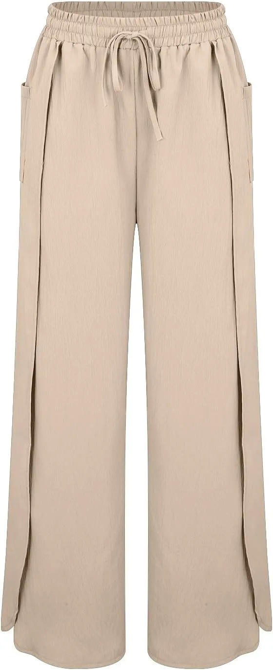 Womens Trendy Wide Leg Pants Casual Loose Irregular Patchwork Elastic Waist Cotton Linen Pants Outdoor Business Work Trousers