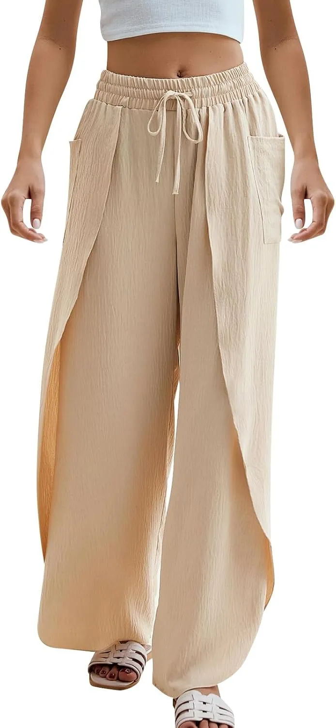 Womens Trendy Wide Leg Pants Casual Loose Irregular Patchwork Elastic Waist Cotton Linen Pants Outdoor Business Work Trousers