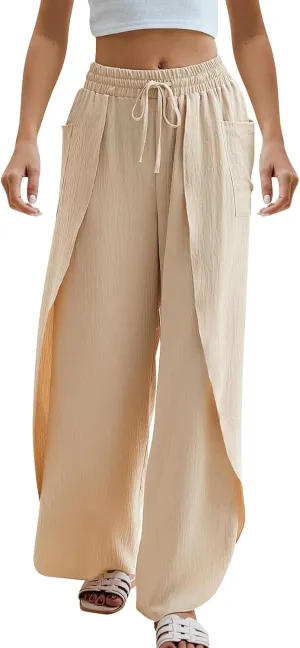 Womens Trendy Wide Leg Pants Casual Loose Irregular Patchwork Elastic Waist Cotton Linen Pants Outdoor Business Work Trousers