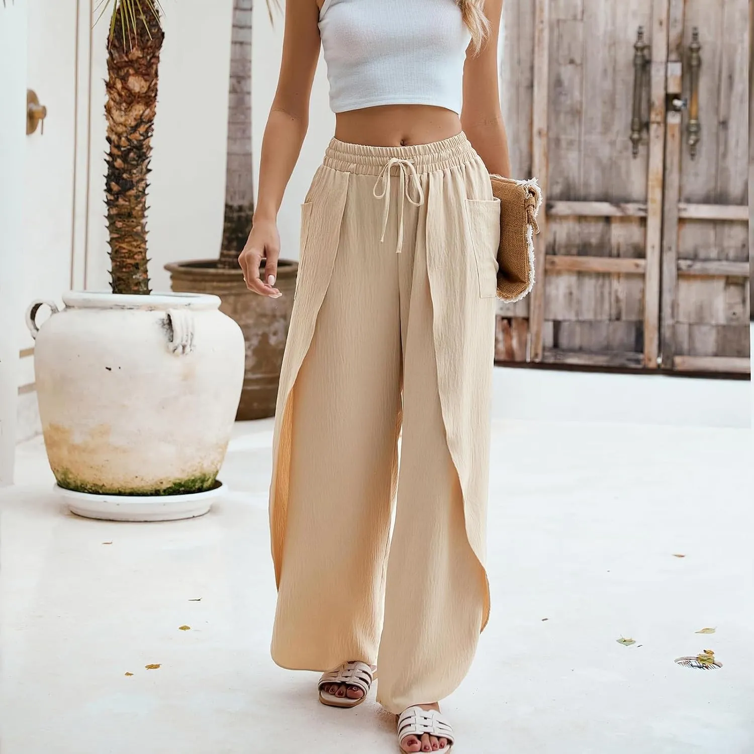 Womens Trendy Wide Leg Pants Casual Loose Irregular Patchwork Elastic Waist Cotton Linen Pants Outdoor Business Work Trousers