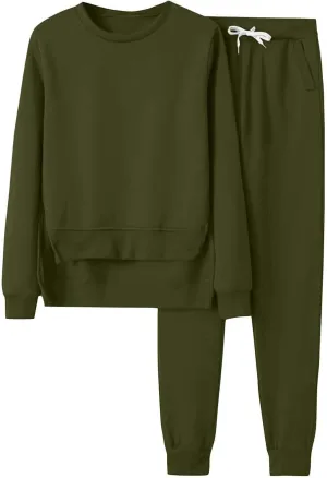 Women's Two Piece Tracksuit Fall Long Sleeve Crewneck Solid Color Cute Baggy Sweatpants Fall Fashion Outfits