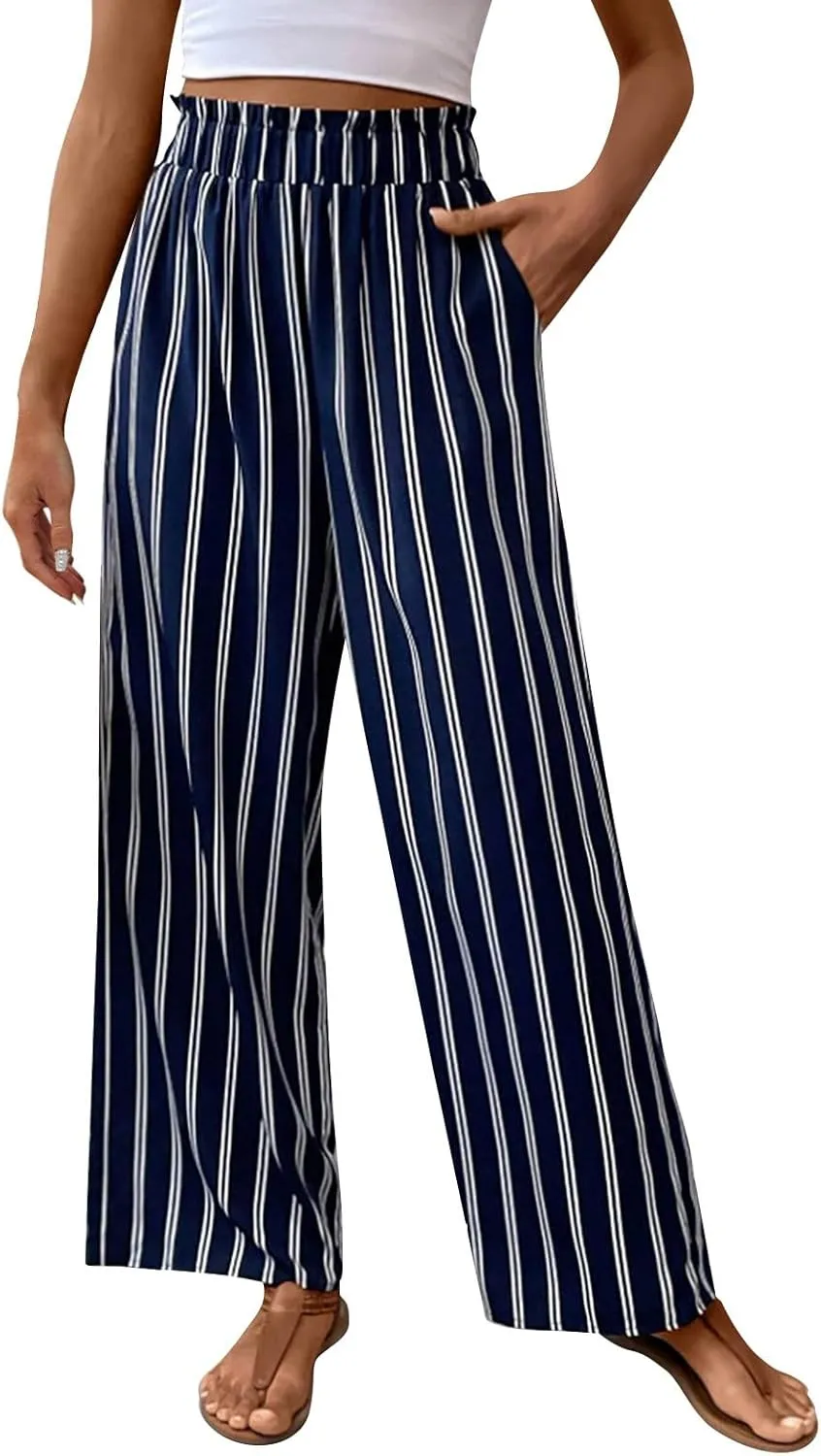 Women's Vintage Striped Print High Elastic Waist Wide Leg Beach Palazzo Pants Pockets Summer Caual Flowy Trousers