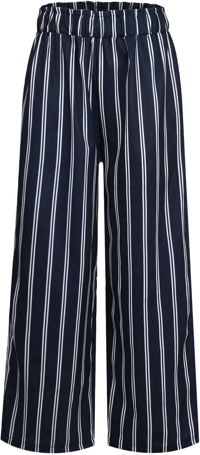 Women's Vintage Striped Print High Elastic Waist Wide Leg Beach Palazzo Pants Pockets Summer Caual Flowy Trousers