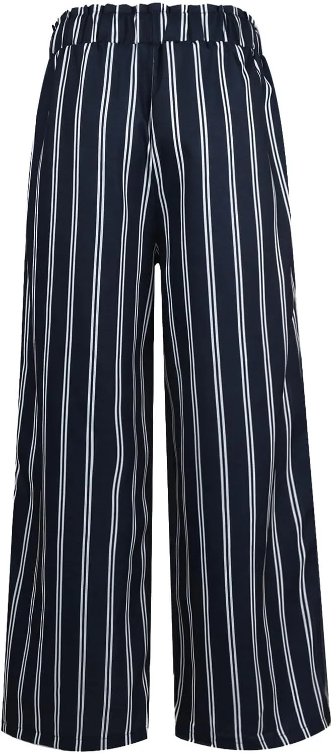 Women's Vintage Striped Print High Elastic Waist Wide Leg Beach Palazzo Pants Pockets Summer Caual Flowy Trousers