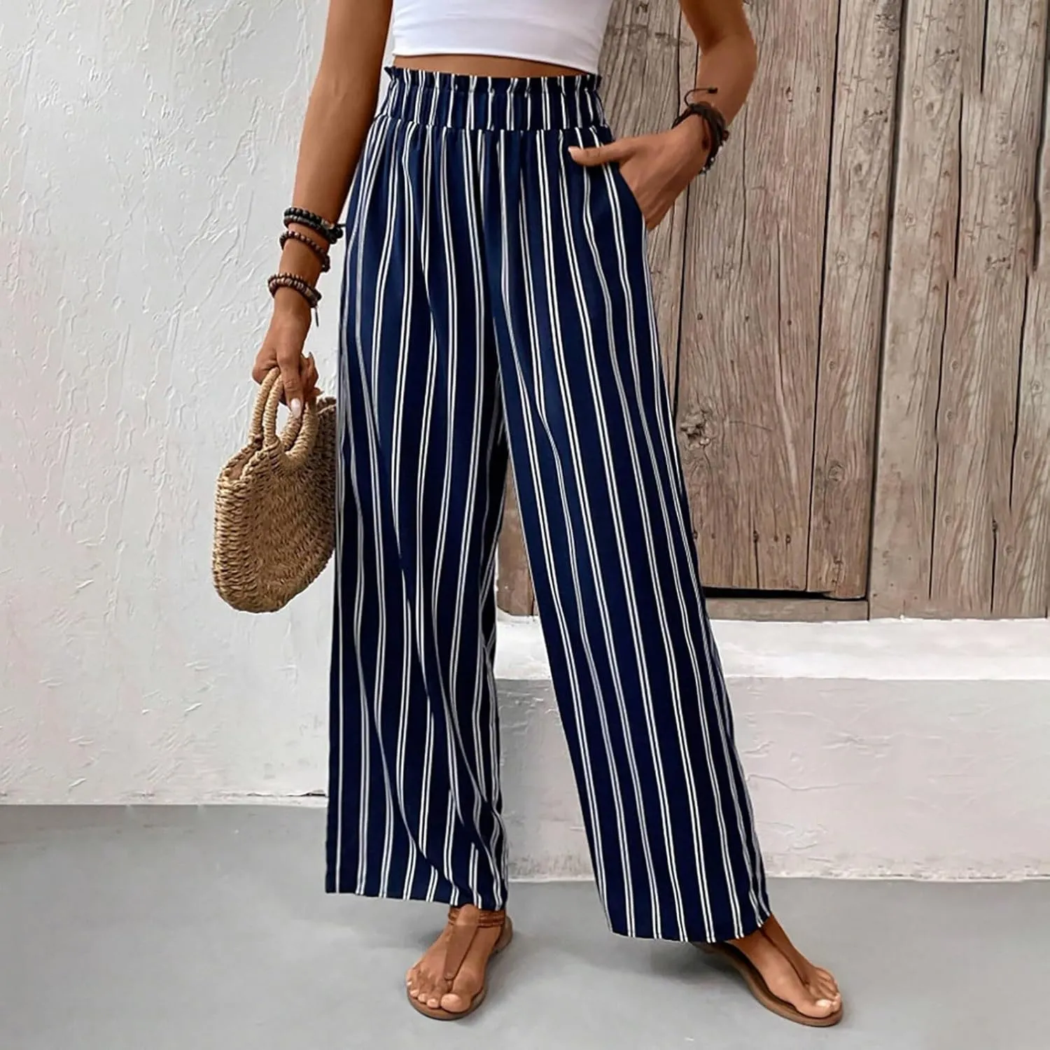 Women's Vintage Striped Print High Elastic Waist Wide Leg Beach Palazzo Pants Pockets Summer Caual Flowy Trousers