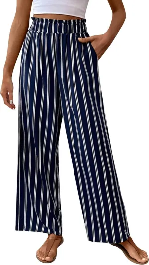 Women's Vintage Striped Print High Elastic Waist Wide Leg Beach Palazzo Pants Pockets Summer Caual Flowy Trousers