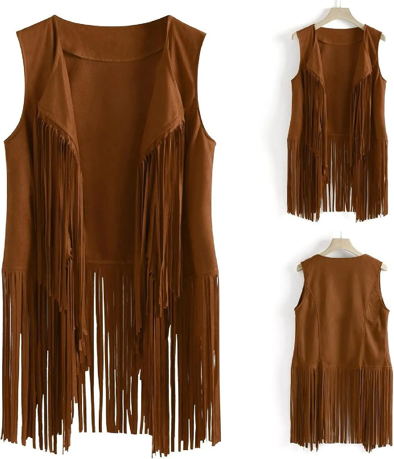 Womens Vintage Western Fringe Vest Tops Classic Suede Leather 70s Cowboy Shirt Sleeveless Tassels Cardigan Jackets