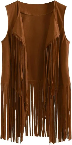 Womens Vintage Western Fringe Vest Tops Classic Suede Leather 70s Cowboy Shirt Sleeveless Tassels Cardigan Jackets