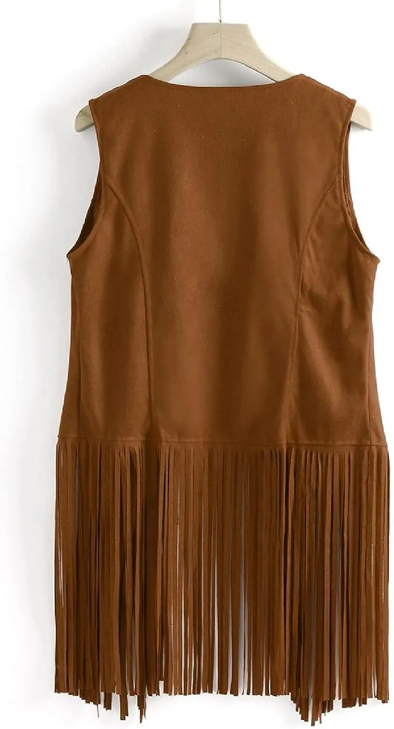 Womens Vintage Western Fringe Vest Tops Classic Suede Leather 70s Cowboy Shirt Sleeveless Tassels Cardigan Jackets