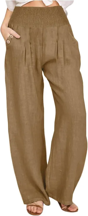 Women's Wide Leg Linen Pants Casual High Waisted Lounge Work Trousers Fashion Solid Color Pants with Pockets Outfit
