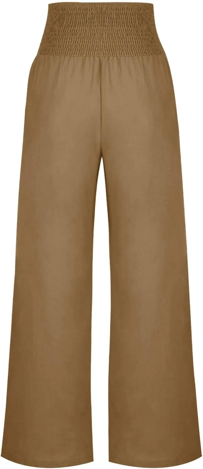 Women's Wide Leg Linen Pants Casual High Waisted Lounge Work Trousers Fashion Solid Color Pants with Pockets Outfit