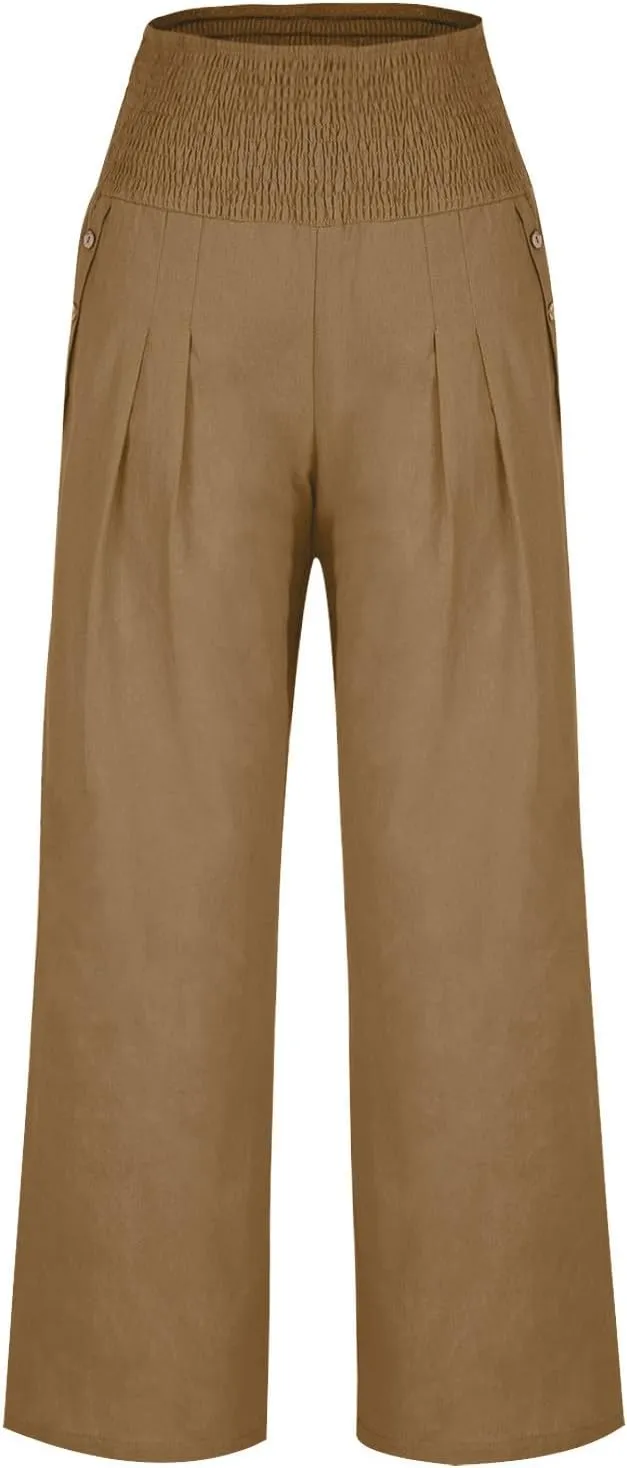 Women's Wide Leg Linen Pants Casual High Waisted Lounge Work Trousers Fashion Solid Color Pants with Pockets Outfit
