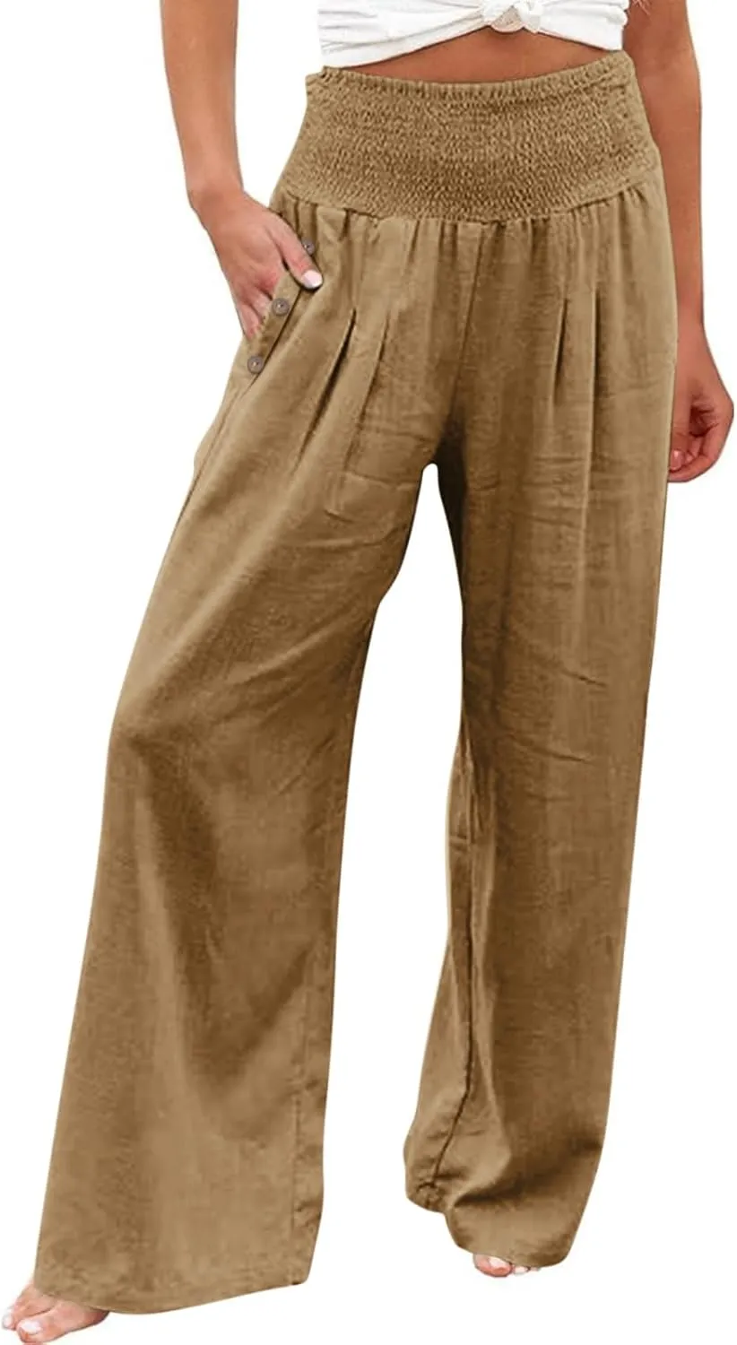Women's Wide Leg Linen Pants Casual High Waisted Lounge Work Trousers Fashion Solid Color Pants with Pockets Outfit