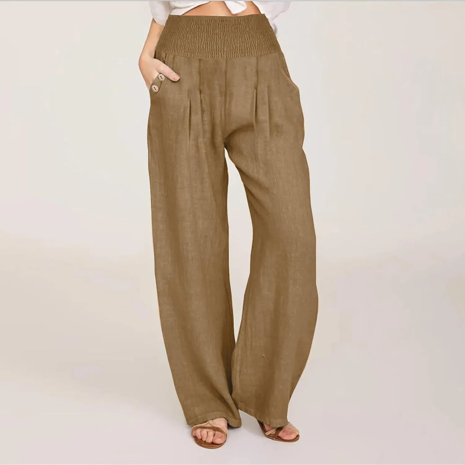 Women's Wide Leg Linen Pants Casual High Waisted Lounge Work Trousers Fashion Solid Color Pants with Pockets Outfit
