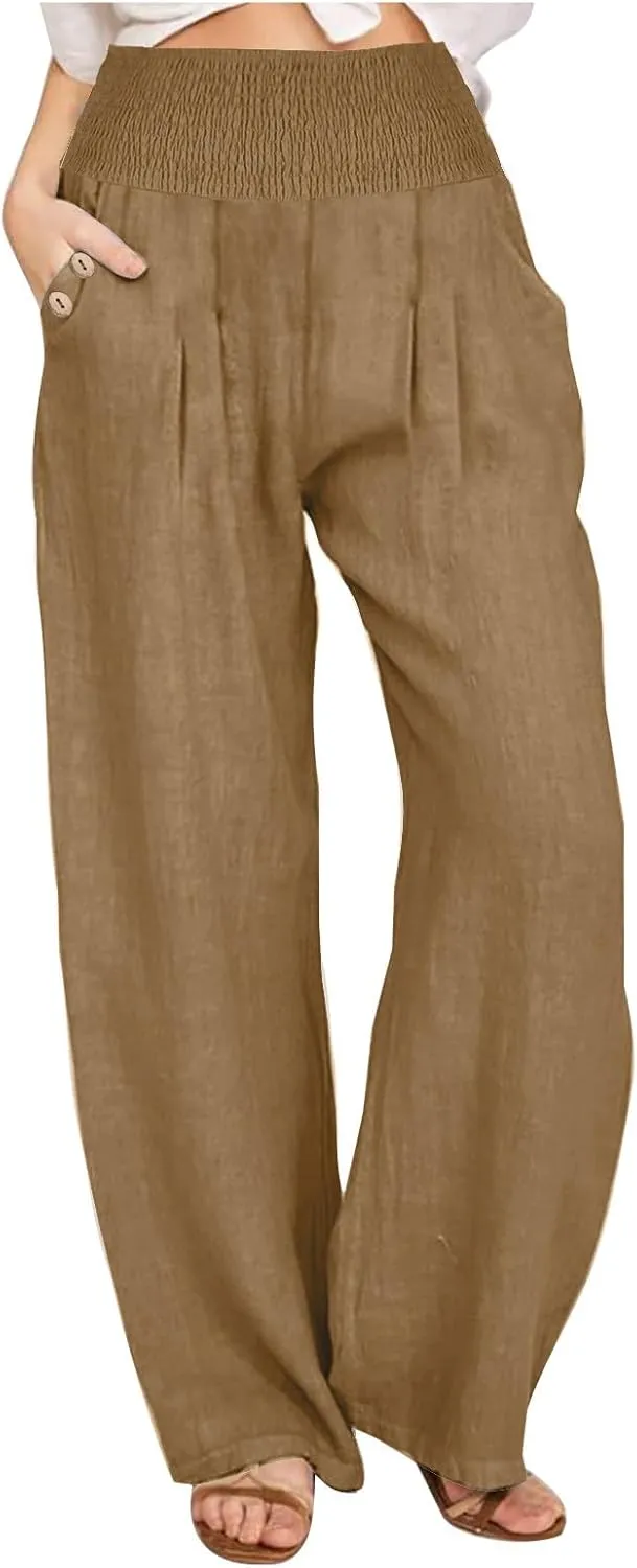 Women's Wide Leg Linen Pants Casual High Waisted Lounge Work Trousers Fashion Solid Color Pants with Pockets Outfit