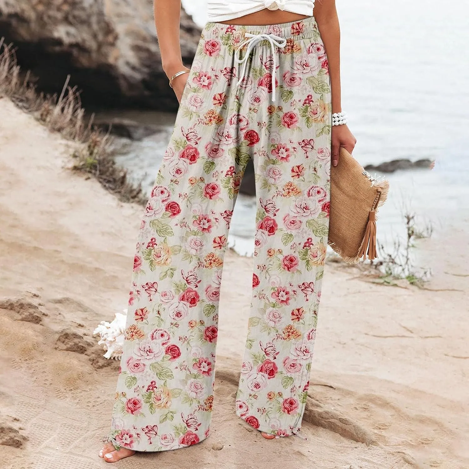 Women's Wide Leg Pants Womens Cotton Casual Loose Pants Comfy Work Pants with Pockets Elastic High Waist Paper Bag