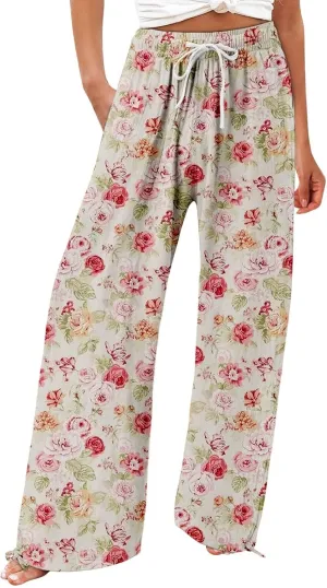 Women's Wide Leg Pants Womens Cotton Casual Loose Pants Comfy Work Pants with Pockets Elastic High Waist Paper Bag