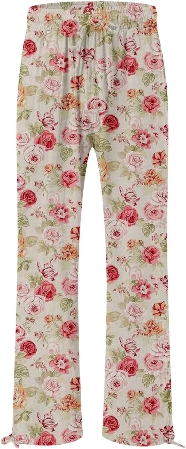 Women's Wide Leg Pants Womens Cotton Casual Loose Pants Comfy Work Pants with Pockets Elastic High Waist Paper Bag