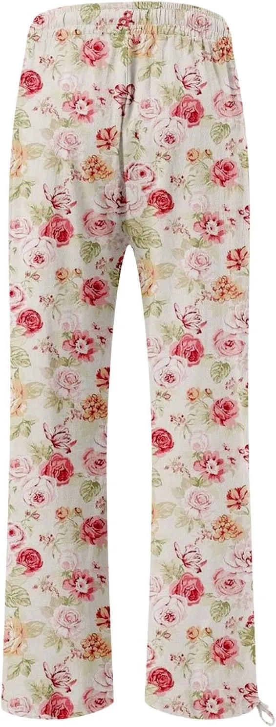 Women's Wide Leg Pants Womens Cotton Casual Loose Pants Comfy Work Pants with Pockets Elastic High Waist Paper Bag