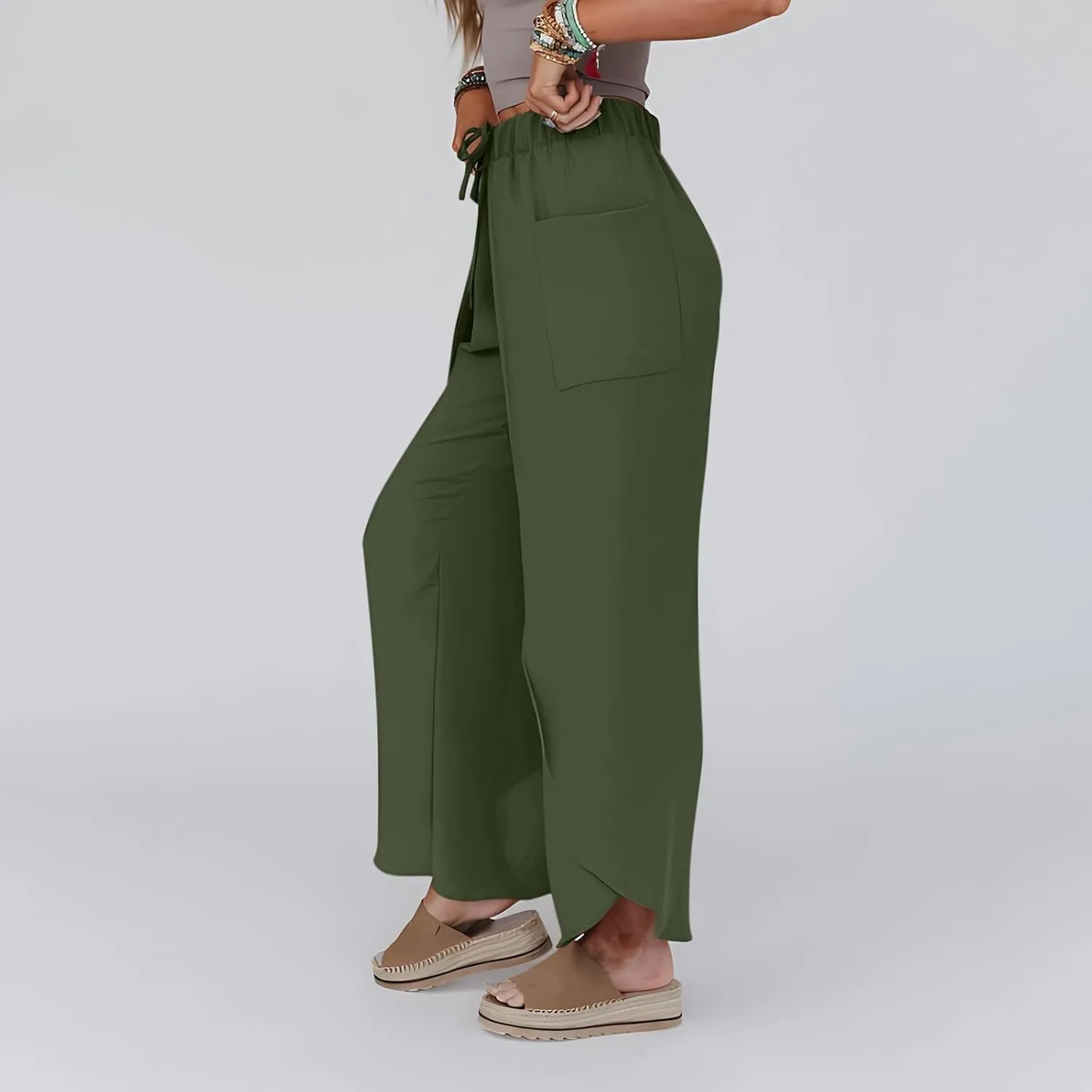 Womens Wide Leg Summer Pants Flowy Side Split Palazzo Beach Boho High Waisted Casual Lounge Trousers Plus Size