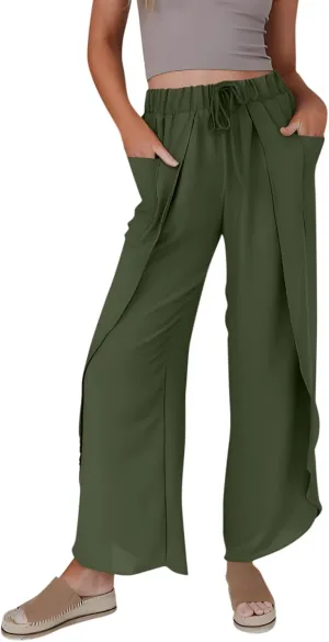 Womens Wide Leg Summer Pants Flowy Side Split Palazzo Beach Boho High Waisted Casual Lounge Trousers Plus Size