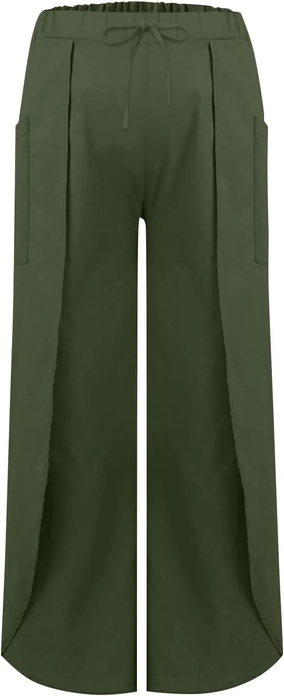 Womens Wide Leg Summer Pants Flowy Side Split Palazzo Beach Boho High Waisted Casual Lounge Trousers Plus Size