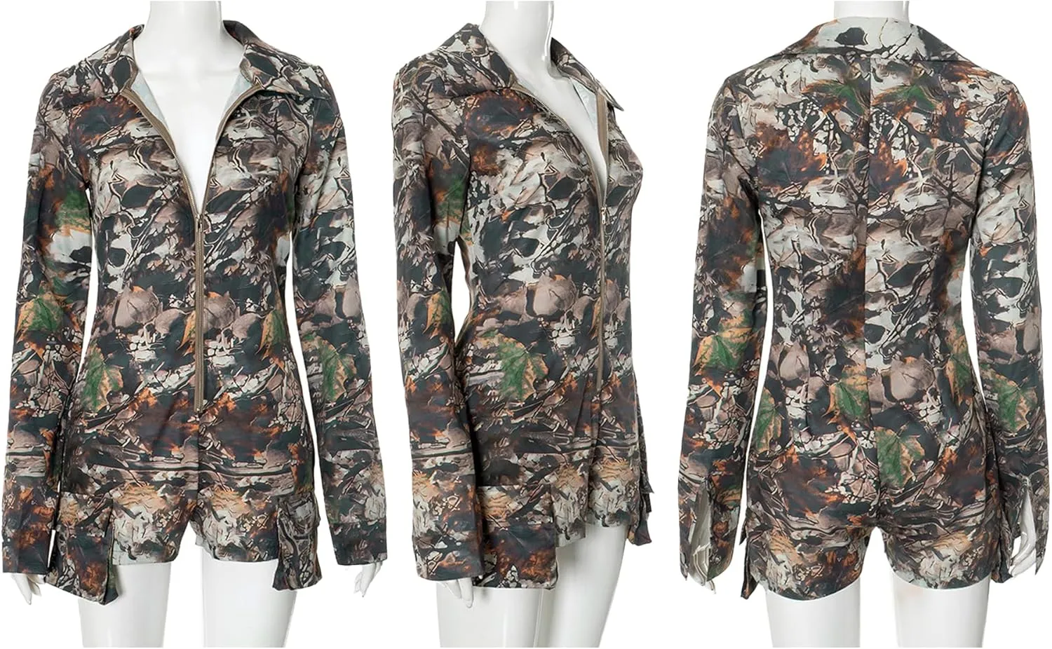 Women's Y2K Camouflage Shorts Jumpsuit Casual Long Sleeve Zip Up Camo Shorts Ropmer One Piece Overalls Streetwear