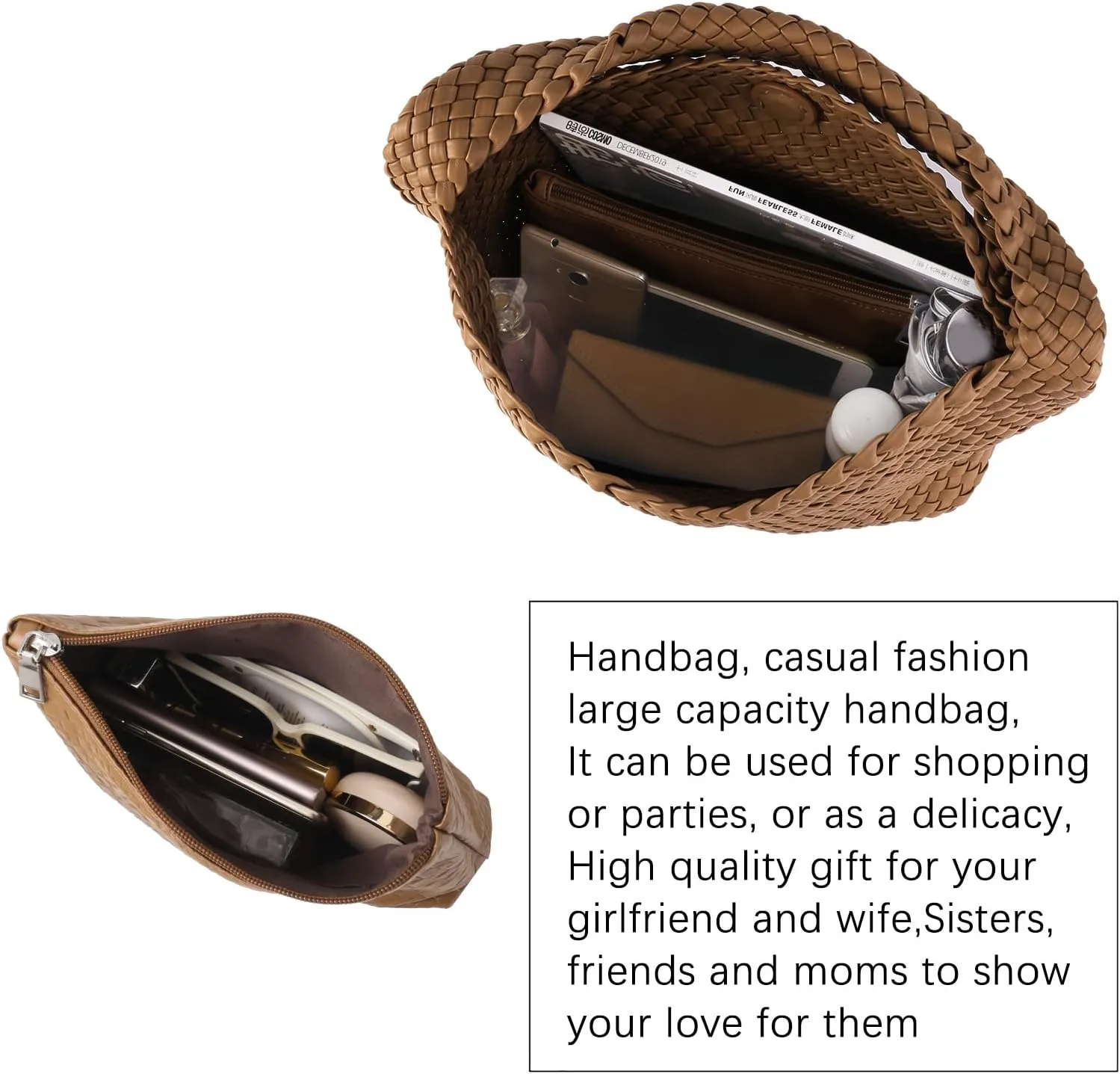 Woven Tote Bag For Women,Vegan Leather Hand Woven Handbags And Purse,Shoulder Bag Top-Handle Bag All-Match Underarm Bag