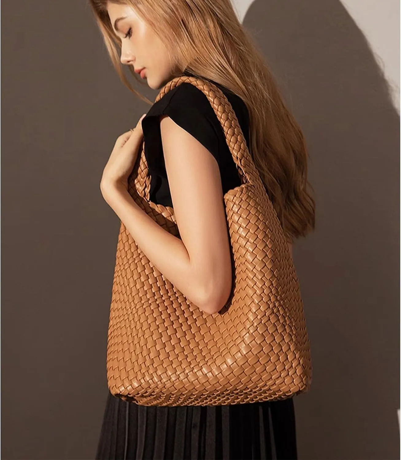 Woven Tote Bag For Women,Vegan Leather Hand Woven Handbags And Purse,Shoulder Bag Top-Handle Bag All-Match Underarm Bag