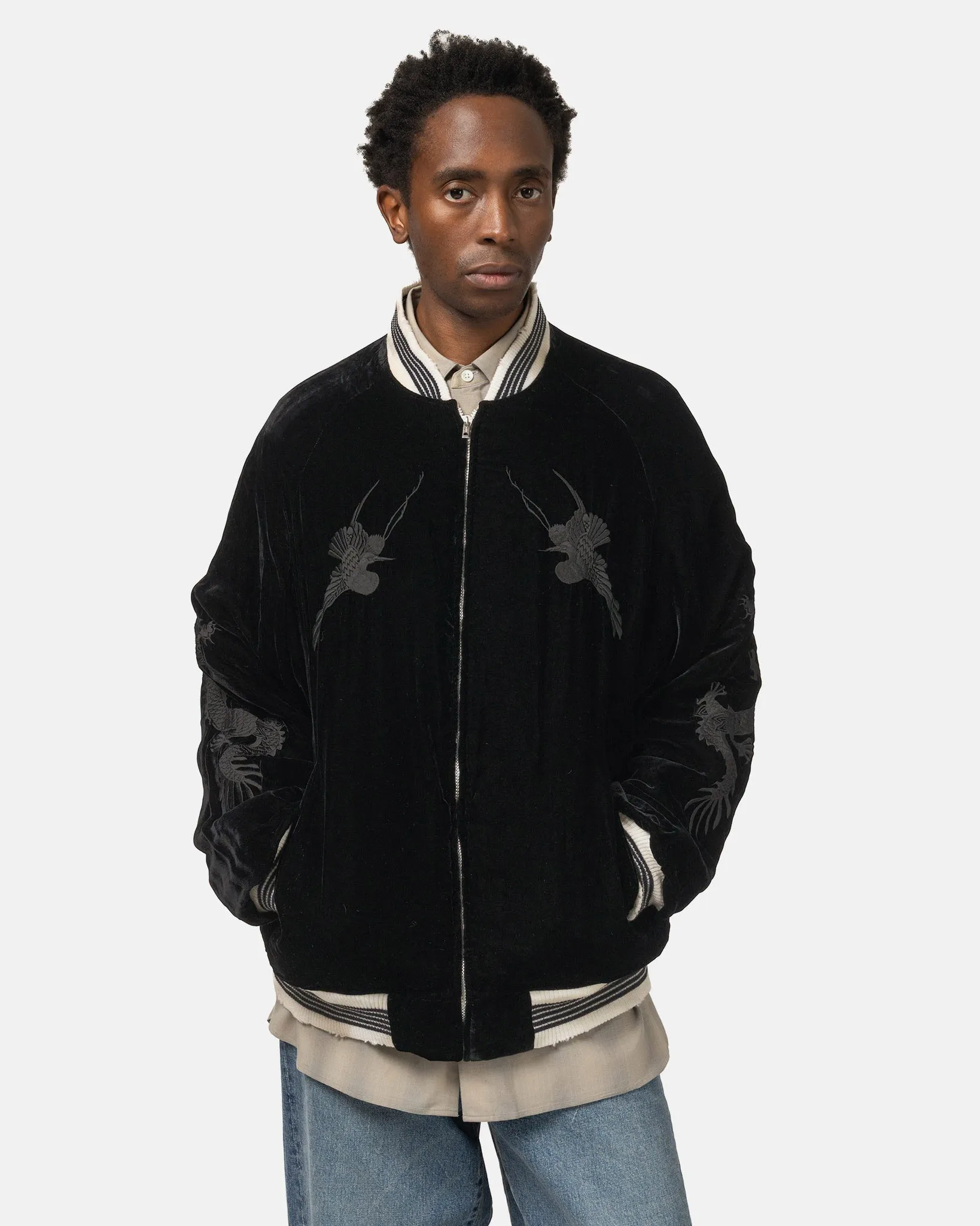 x Keita Maruyama Vintage Satin / Velvet Reversible Zip Jacket Greige/Black