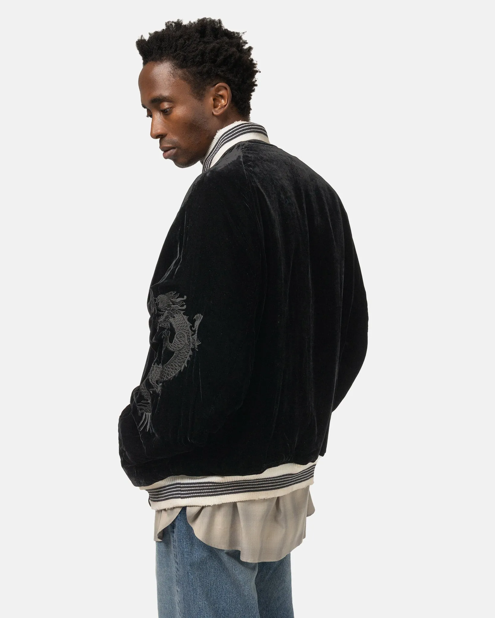 x Keita Maruyama Vintage Satin / Velvet Reversible Zip Jacket Greige/Black