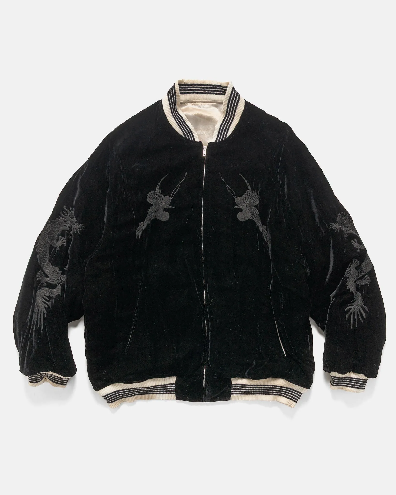 x Keita Maruyama Vintage Satin / Velvet Reversible Zip Jacket Greige/Black