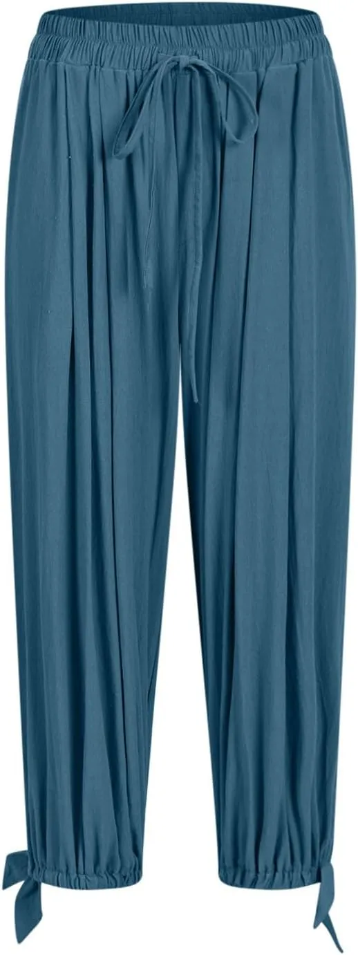 Xiaojmake Women Casual Beach Pants Summer Cinched Bottom Linen Capris Drawstring Elastic High Waist Cotton Cropped Trousers