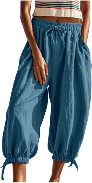 Xiaojmake Women Casual Beach Pants Summer Cinched Bottom Linen Capris Drawstring Elastic High Waist Cotton Cropped Trousers