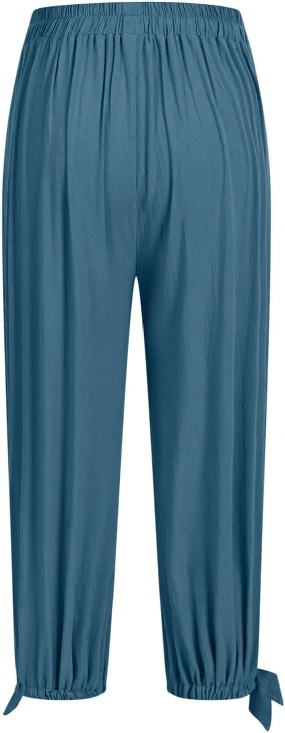 Xiaojmake Women Casual Beach Pants Summer Cinched Bottom Linen Capris Drawstring Elastic High Waist Cotton Cropped Trousers
