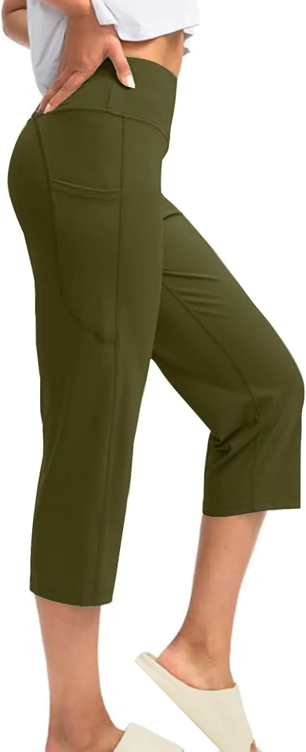 XUNRYAN Womens Capri Leggings Yoga Pants High Waist Crop Athletic Workout Gym Straight Leg Trousers Activewear with Pockets