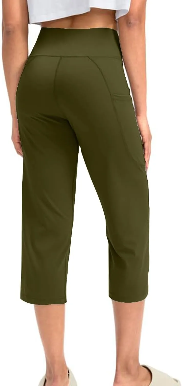 XUNRYAN Womens Capri Leggings Yoga Pants High Waist Crop Athletic Workout Gym Straight Leg Trousers Activewear with Pockets